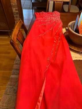 Coral Red Beaded Strapless Evening Gown